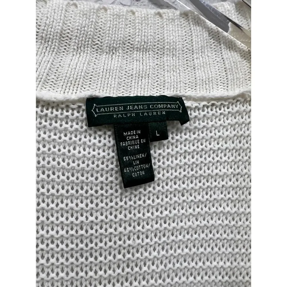 Vtg Lauren Jeans Co RL Open‎ Knit Linen Blend Cardigan Vest Size L Ivory
